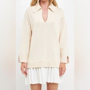 English Factory Long-Sleeve Polo Pleated Twofer Mini Dress NWT